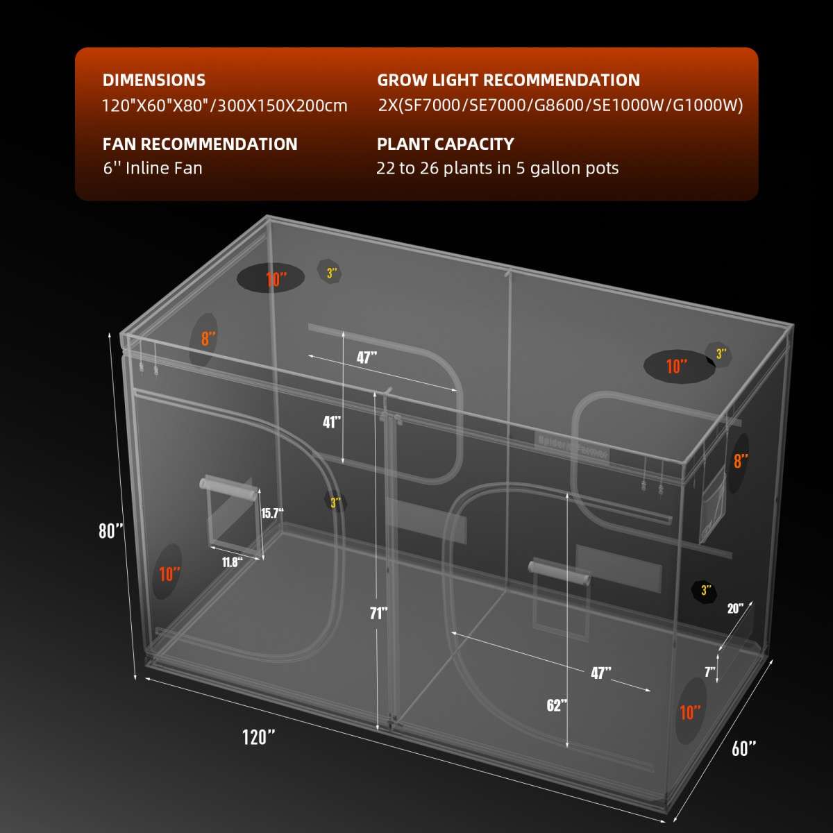 300x150x200cm 1680D Grow tent – Spider farmer - immagine 5