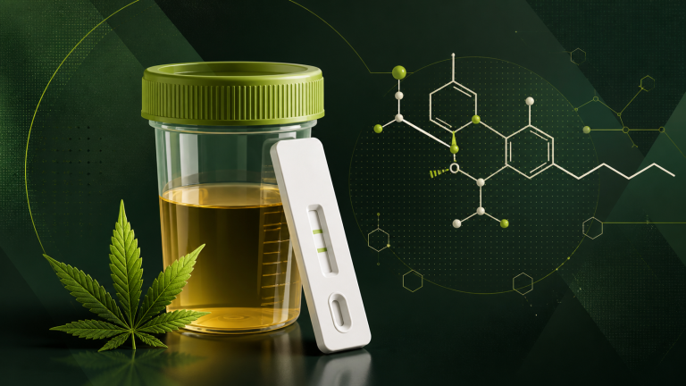 Illustrazione scientifica di un test antidroga con campione e struttura molecolare