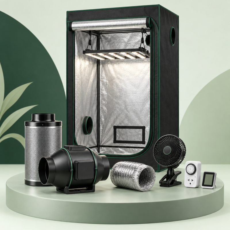 Illustrazione del kit Growbox personalizzabile Plantasikula con tenda, LED, aspirazione, ventilatore, timer e termoigrometro