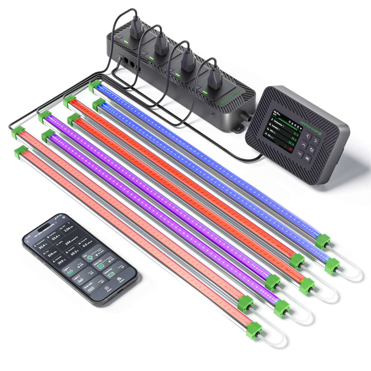 Mars-Hydro-iControl-iHub-4AC-with-UV-IR-Deep-Red-Blue-Supplemental-Lights-Long.jpg Mars Hydro iControl + iHub-4AC + ADlite UV 55 + IR 30 + Red55 + Blue55 Supplemental LED Grow Light Bars Combo - immagine 1