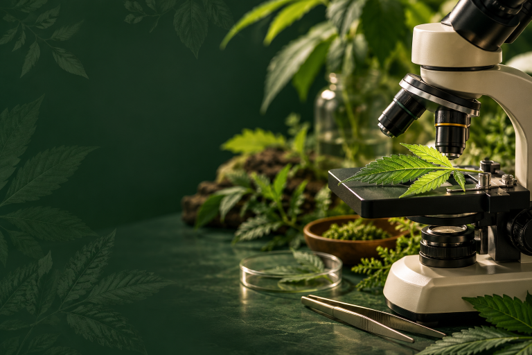 Microscopio e foglia su banco verde, macro botanica suggestiva senza dati simulati