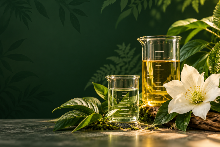 Due recipienti graduati e fiore ornamentale bianco su fondo verde