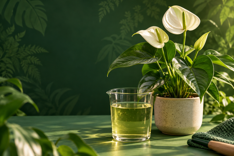 Fiore ornamentale e bicchiere di soluzione nutritiva su banco verde