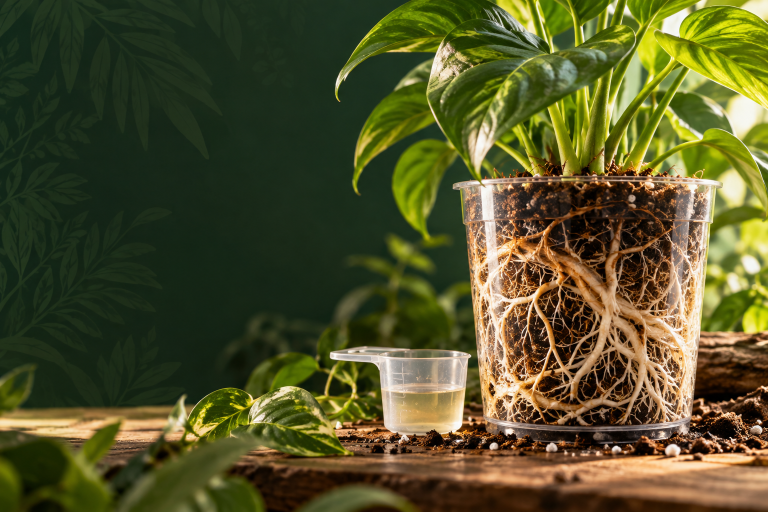 Radici ornamentali sane visibili in vaso trasparente e misurino
