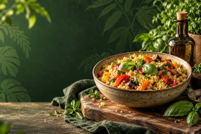 Cous cous con verdure colorate e piccola bottiglia generica di olio scuro