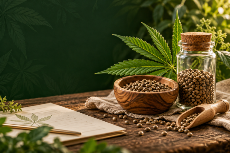 Due recipienti separati con semi e foglia botanica, misurino e documento neutro
