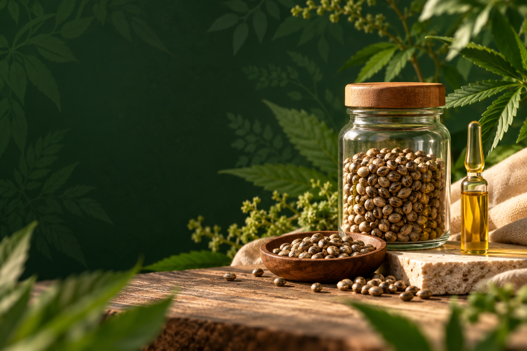 Bottiglia alimentare senza marca con semi e fiala chiusa ben separata
